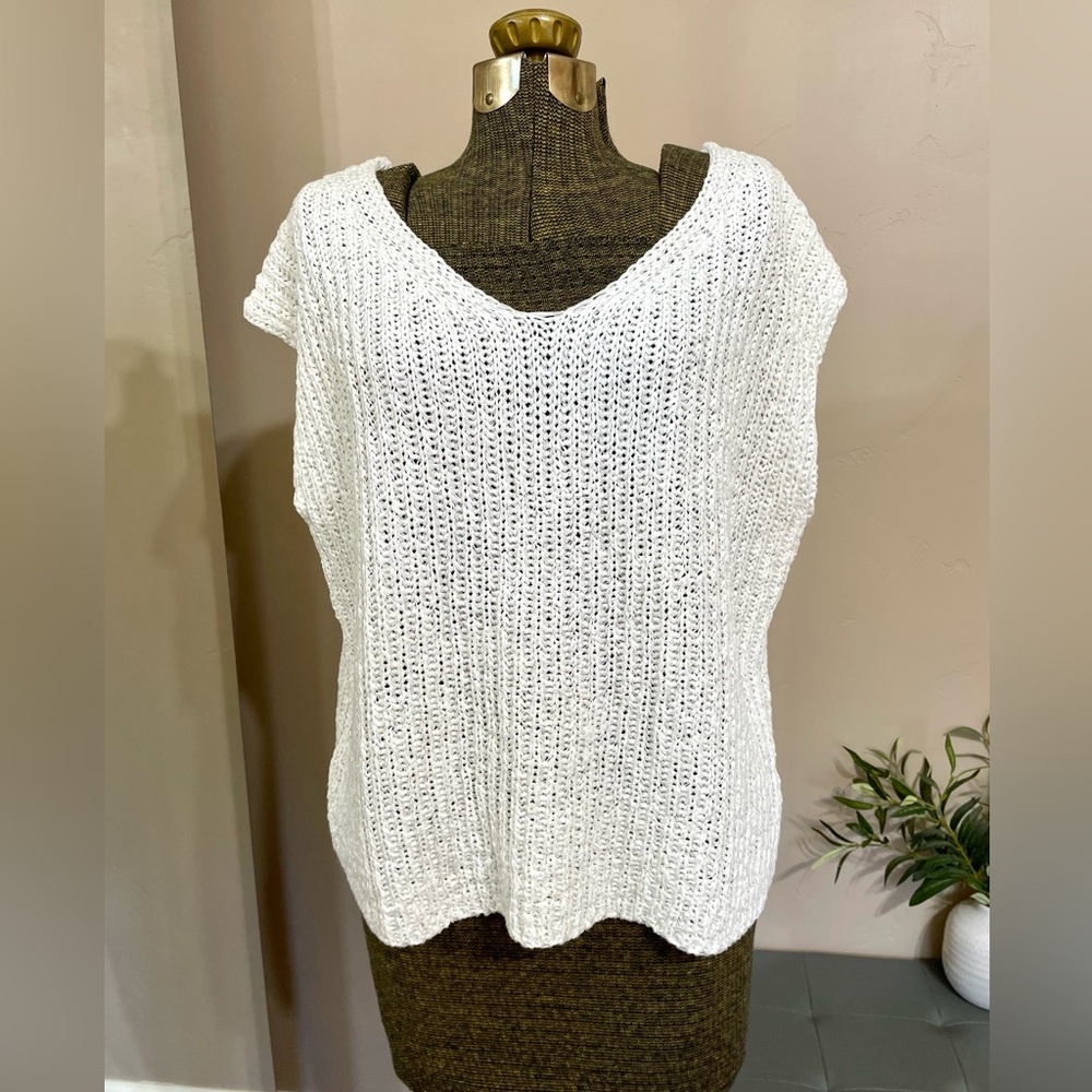 Mustard Seed White Open Knit Sweater Top Short Sleeve Oversized Coastal Minimal